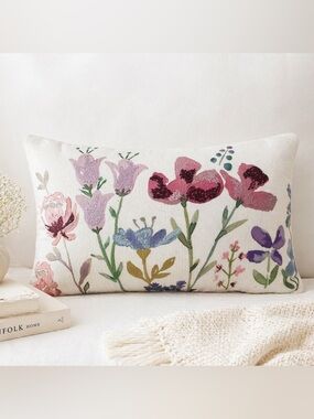 Floral Embroidered Lumbar Pillow Cottagecore Boho Decorative Cushion